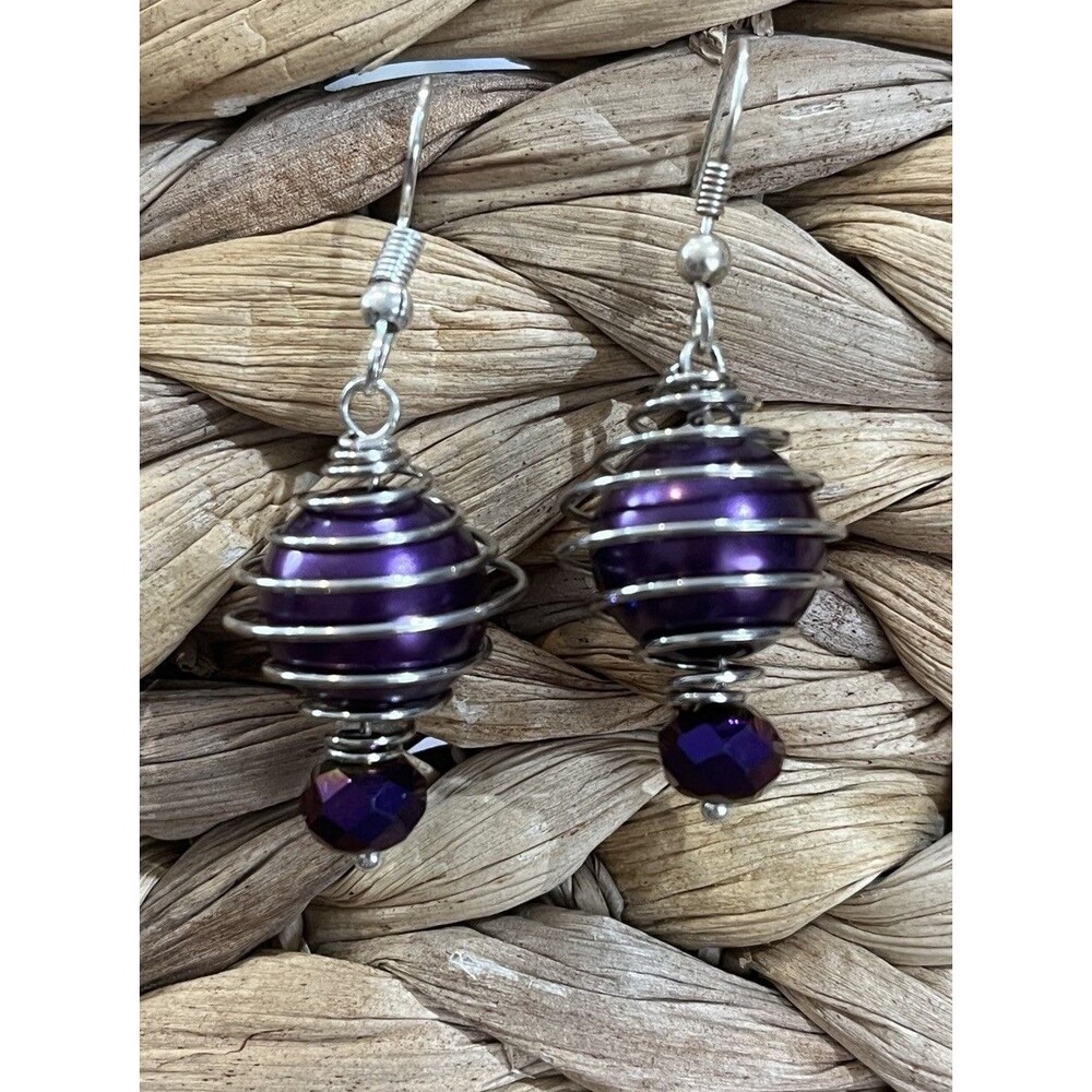 VTG Y2K Beaded Glass Gaged Earrings Dangle Celestial Horoscope Sliver Purple